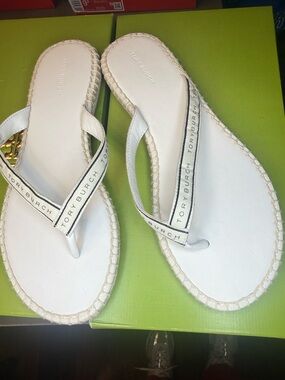 Tory Burch White Braided-Trim Logo Flip Flops